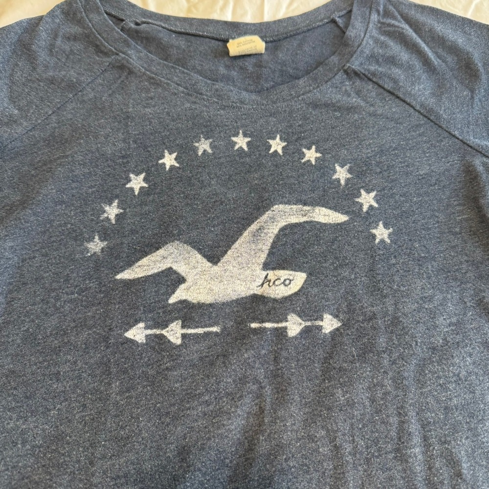 Hollister Womens Navy Blue 3/4 Sleeve Graphic Tee Seagull Logo Y2K Size S - Picture 6 of 9